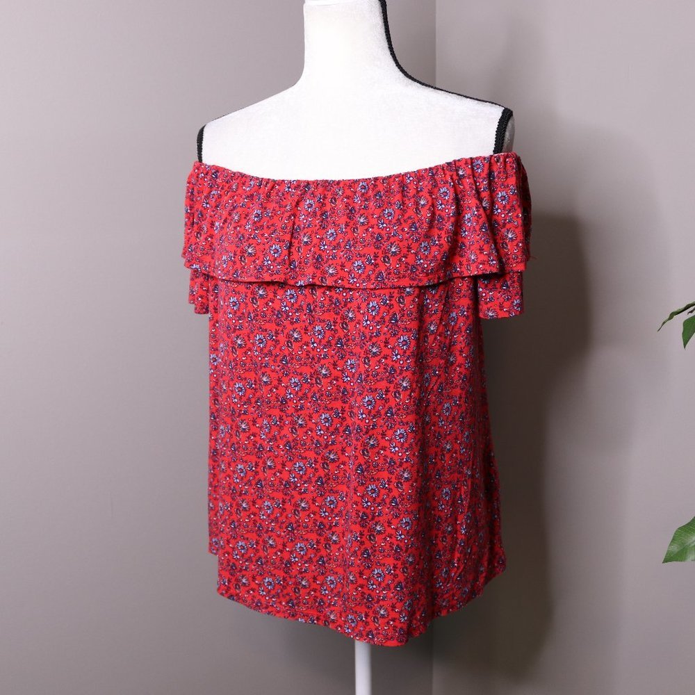 Off-Shoulder Red Floral Ruffle Top